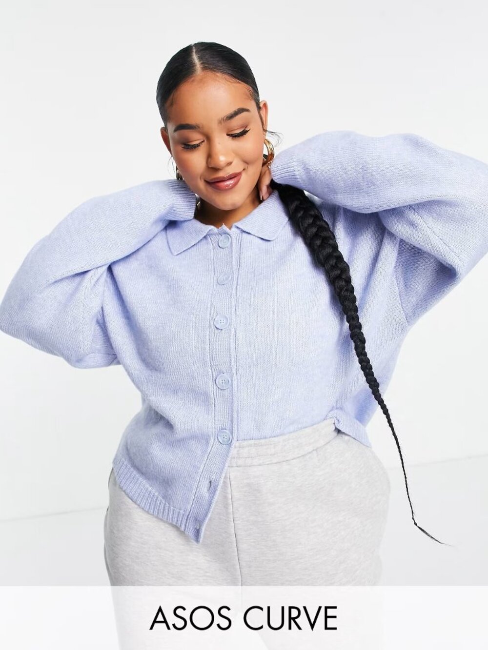 ASOS DESIGN Curve cardi with collar and button front in blue 16